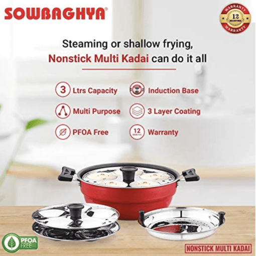 Sowbaghya Non Stick Induction Base Multi Kadai (2 Idli Plates + 1 Steamer Plate) (Dia: 250mm) (Thickness: 3mm) (3Ltr) | All-in-One Idli Cooker Multi Kadhai Steamer | Idli Maker with Steamer - Image 2